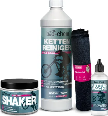 Produktbild von bio-chem Kettenwachs-System SET 4-teilig | Kettenreiniger 1 L, Kettenwachs 100 ml, Reinigungs-Shaker & Mikrofasertuch | Für Rennrad, MTB & E-Bike