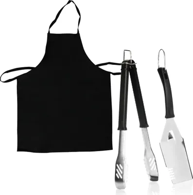 Produktbild von COM-FOUR® 3-teiliges BBQ-Grillset mit Grillschürze, Grillzange und Wender - Grillbesteck aus rostfreiem Edelstahl und Kochschürze in schwarz