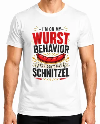 Immagine prodotto di Maglietta da uomo in stile tradizionale tedesco con scritta "I'm On My Wurst Behavior" (Sono nel mio momento peggiore), motivo schnitzel, in pelle, colore bianco, taglia 3XL