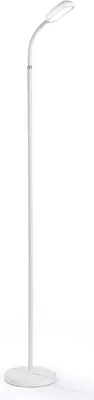 A white LED floor lamp with a curved head, standing on a circular base against a white background.