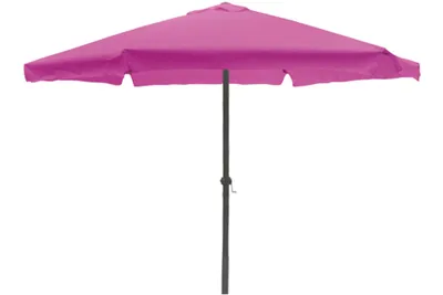 A pink patio umbrella with a black pole against a white background.