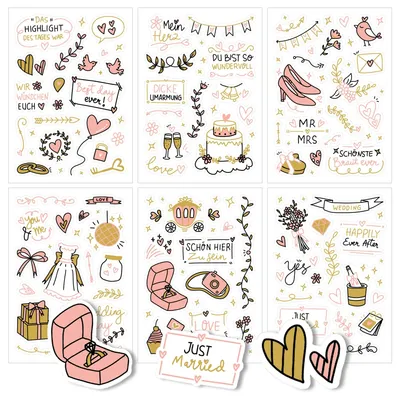 Hochzeits-Sticker-Set, 6 Blatt, rosa/gold, für Gästebuch & Fotoalbum