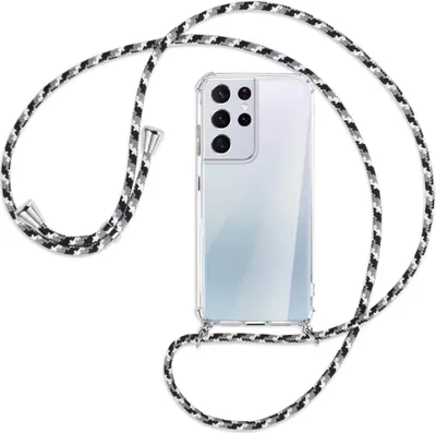 Produktbild von Handykette Backcover-Schutzhülle mit Band (Metall silberfarben) für Samsung Galaxy S21 Ultra 5G - schwarz/grau/weiß