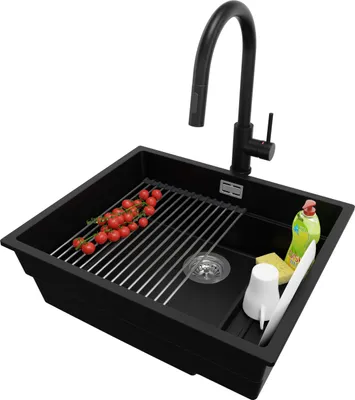 Produktbild von PRIMAGRAN Granitspüle Schwarz 56x47cm, Spülbecken 1 Becken + Ablauf-Set + Küchenzubehörset, Küchenspüle ab 60er Unterschrank - Praga Slim