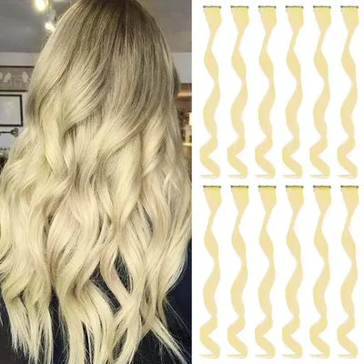 Zdjęcie produktu dla Pasemka do przedłużania włosów, kręcone, falowane, 17 cali, blond, 12 sztuk, włókno syntetyczne