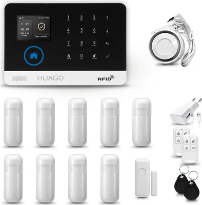 Immagine prodotto di HUXGO HXA003 Sistema di allarme per la casa, WiFi + GSM 4G, con 9 sensori di movimento e 1 sensore per porte e finestre, compatibile con l'app Tuya Smartlife