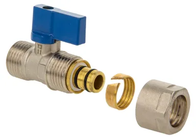 Produktbild von tecuro MINI Kugelhahn Außengewinde G 1/2 Zoll x Klemmverschraubung für Rohr Ø 16 x 2 mm - Messing vernickelt