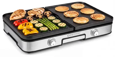 Produktbild von COSTWAY Tischgrill elektrisch, 2000W Elektrogrill mit Spritzschutz, 2 Thermostate, 6 Temperatureinstellungen & Auffangschale, kompakter Plattengrill