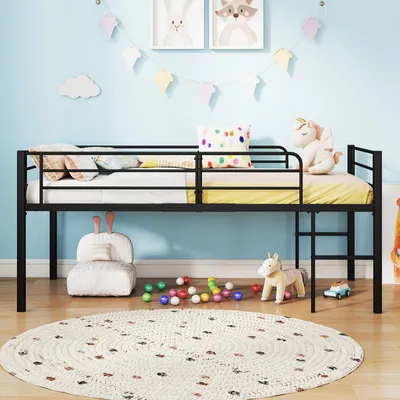 Loftbett 90x200 cm, Kinderbett mit Reling und 2 Leitern, schwarz