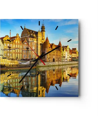 Produktbild von Wanduhr - Quadrat - Glasuhr - Schiff Fluss Architektur Geschichte - 30x30cm - Schleichendes Uhrwerk - Lautlos - zum Aufhängen bereit - Dekoration Modern - Wanddekoration aus Glas - C3AC30x30-3202