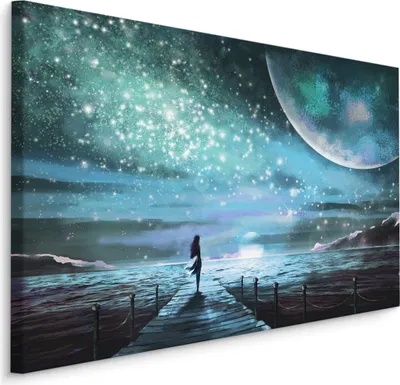 Produktbild von Fabelhafte Canvas LEINWAND BILDER 100x70 cm XXL Kunstdruck Meer Mond Sterne Nacht Steg