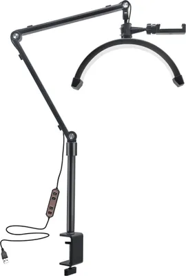 Produktbild von 10-W-Desktop-LED-Videoleuchte, halbmondfoermiges Fuelllicht, zweifarbiges Licht, 3200 K-5600 K, dimmbar, 10-stufige Helligkeit, einstellbar mit USB-Kabel, C-Klemme, Schreibtischmontage, Metallstaender fuer Vlogging, Schoenheitssalon, Make-up, Live-Streaming, Nachttischlampe