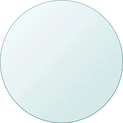 A round, transparent glass tabletop with a subtle light blue tint and a thin gray border.