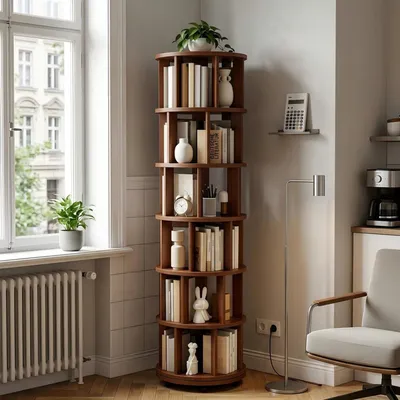 Immagine prodotto di Libreria girevole a 360° con rotelle, 6 ripiani, in legno, finitura noce