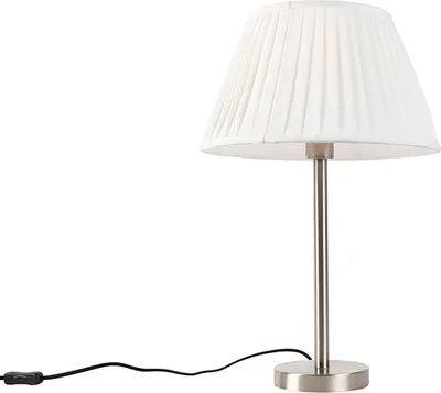 Produktbild von QAZQA - Klassisch I Antik Klassische Tischlampe Stahl I Silber I nickel matt mit plissiertem Schirm weiß 35 cm - Simplo I Wohnzimmer I Schlafzimmer - Textil Rund - LED geeignet E27