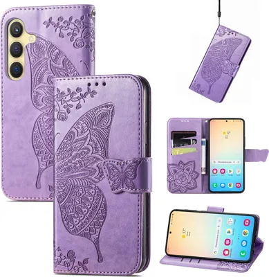 Produktbild von Für Samsung Galaxy S25 5G Kunstleder Wallet Handy Tasche Schmetterling Design Hülle Etuis Hell-Lila