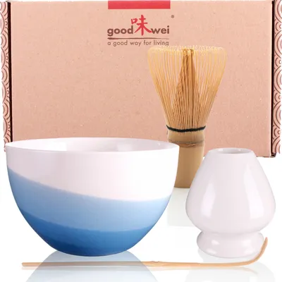 Produktbild von Matcha Set "Blue Wave" mit Schale, Besen (120 Borsten) & Besenhalter – edles Set für cremigen Matcha-Schaum und stilvollen Teegenuss