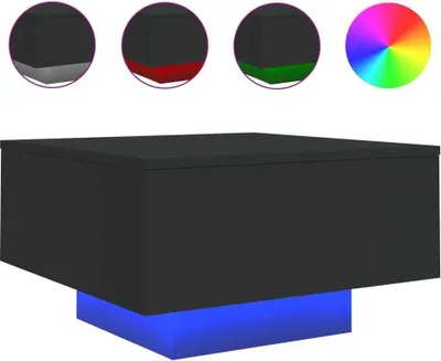 A product image showing a black coffee table with a blue light underneath. Above the table are four circular images, three showing close-ups of the table's edge with different colored lights (gray, red, green), and one showing a color wheel.