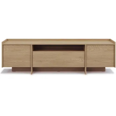 A front view of a wooden TV stand on a white background.
