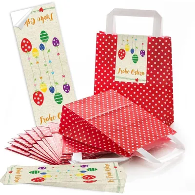 Produktbild von Logbuch-Verlag 5 kleine ROTE Papiertüte Geschenktüte mit Henkel gepunktet 18 x 8 x 22 cm + 5 Osternest Osteretiketten 7,2 x 21 cm Text Frohe Ostern Geschenk Aufkleber braun weiß schwarzOstereier bunt / 10 Stück