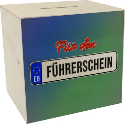 Produktbild von Spardose aus Holz mit Spruch: Für den Führerschein mit Kennzeichenmotiv