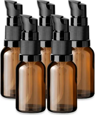 Produktbild von 5x Glasflasche Braun 15 ml mit Schwarzer Pumpe und Kappe Kosmetikflaschen