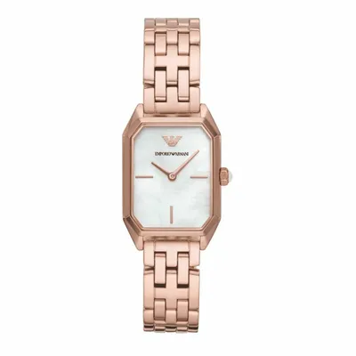 A product shot of a rose gold watch with a white face.