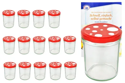 Produktbild von 15er Set Sturzglas 435ml To82 Fliegenpilz Deckel rot weiß gepunktet Einmachgläser incl. Rezeptheft