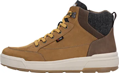 A side view of a brown men's boot.