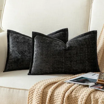 Produktbild von 2er Set Kissenbezüge Schwarz 30x50cm Chenille Samtrückseite