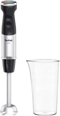 A Tefal hand blender and a clear measuring cup are shown against a white background.