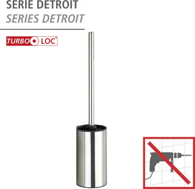 A stainless steel toilet brush holder with a silver handle and black bristles, set against a white background. A red and white logo is visible in the top left corner, along with text indicating the product series. A red square with a diagonal line through 