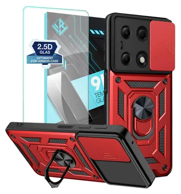 Produktbild von Armor Handyhülle für Xiaomi Redmi Note 13 Pro mit 9H Displayglas Displayschutz Kameraschutz Handy Panzer Case Cover Schutzhülle Outdoor Farbe: Rot