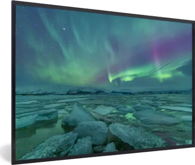 Produktbild von MuchoWow® MuchoWow® Gerahmtes Poster Nordlichter - Eis - Island 60x40 cm - Poster mit zchwarzem Bilderrahmen - Printing - Wanddeko Schlafzimmer