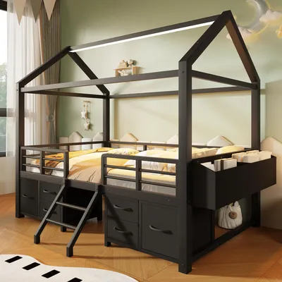 Produktbild von ELANDEPOT Hochbett 90 cm × 200 cm Schwarz LED-Beleuchtung USB-Ladefunktion Schubladen Stauraum Metall für Kinder- und Jugendzimmer