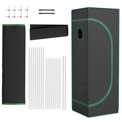 A grow tent and its components are laid out on a white background.