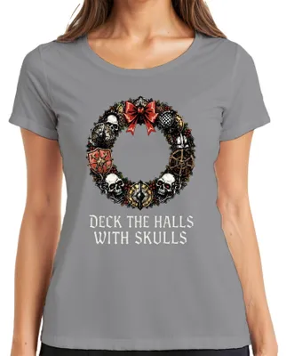 Produktbild von Deck The Halls With Skulls Totenkopf Weihnachtskranz düster Damen T-Shirt, Grau, XXL