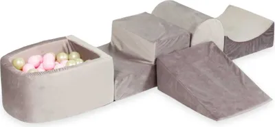Produktbild von Schaumstoff-Spielset mit Hügel und Mikro-Bällepool – Samt lila mit Bällebadbällen 100 Stück / Hellgold, Hellrosa