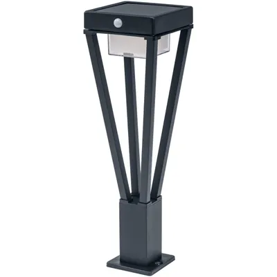 A dark grey, modern outdoor solar light with a motion detector.