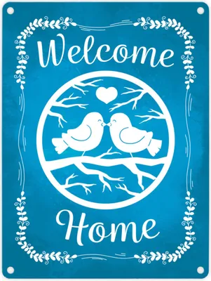 Produktbild von Welcome Home mit niedlichen Vögeln Metallschild in 15x20 cm in blau