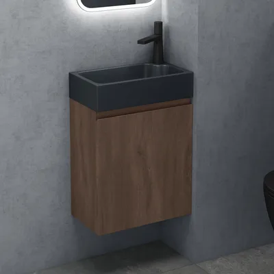 Produktbild von doporro Badezimmerschrank Badmöbel-Set in Eiche Stirling 46x26x63cm Waschbeckenunterschrank mit Mineralguss-Waschbecken in matt Anthrazit Pisa02