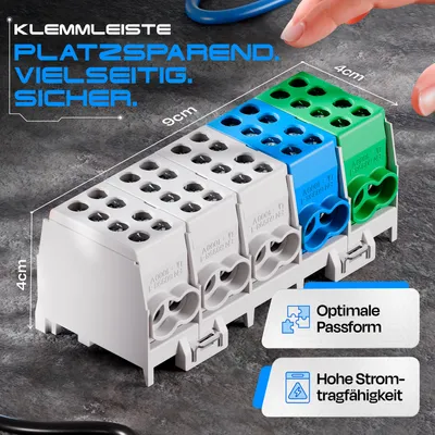 A close-up shot of a modular terminal block system with dimensions indicated by lines and text overlays highlighting features.