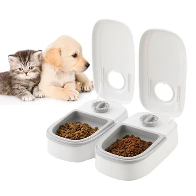 Produktbild von Futterautomat für 2 Mahlzeiten, Haustier-Timer-Futterspender, Katzen und kleine Hunde für Nass- und Trockenfutter, 350ml*2, weiß