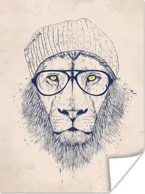 Produktbild von MuchoWow® Poster Löwe - Brille - Hut - Tiere 60x80 cm - Schlafzimmer Dekoration