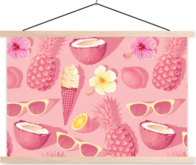 Produktbild von MuchoWow® Textilposter Sommer - Muster - Rosa 120x80 cm mit holzfarbenen Rahmen - Aufhängeset