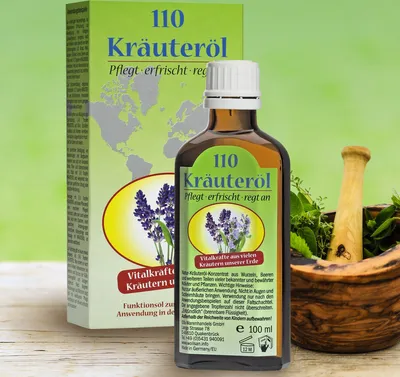 A bottle of Kräuteröl and its packaging are displayed on a wooden surface with a mortar and pestle and herbs in the background.
