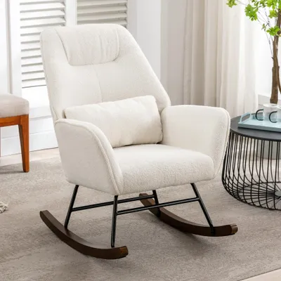 Image de Fauteuil à bascule HomeMiYN, structure en métal, socle en bois, tissu en laine, blanc