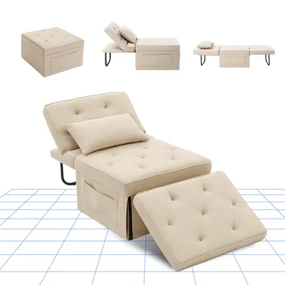 Produktbild von FLEXISPOT 4-in-1 Schlafsofa Klappbett Einzelsofa mit klappbarem Hocker, Kissen & 5-fach verstellbarer Rückenlehne, Schlafsessel für Gästezimmer Beige