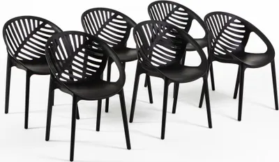 Immagine prodotto di Set di 6 sedie impilabili in resina rinforzata con fibra di vetro per esterni, giardini, bar e ristoranti - design moderno ispirato alle foglie - VIVIAN - Nero
