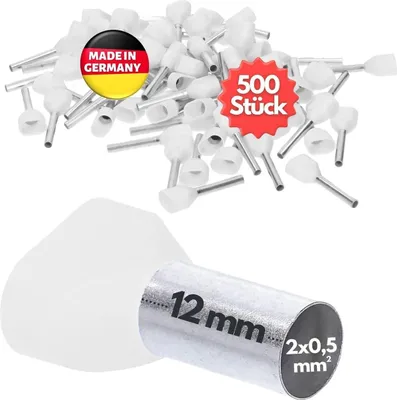 Productafbeelding van 500 stuks Kalitec AET0512WS isolerende adereindhulzen voor dubbele aders, 2x0,5mm², 12mm lang, wit. Gemaakt in Duitsland, industriële kwaliteit